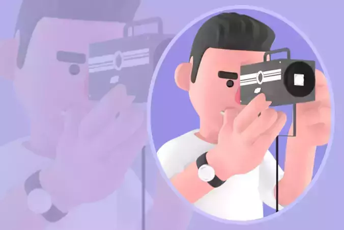 Stylized 3D Male Photographer - Cartoon Kneeling with Tripod