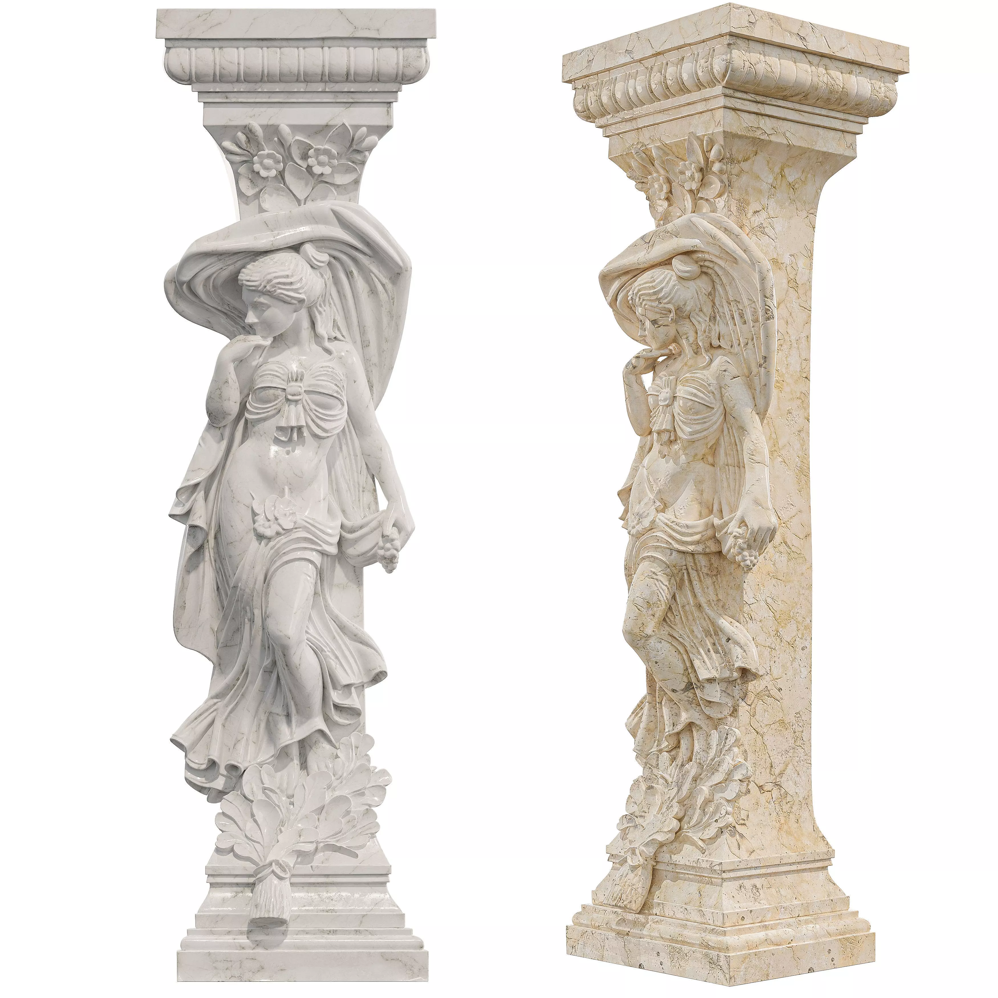 Classical Female Column Sculpture Ornamental Low-poly 3D model_7