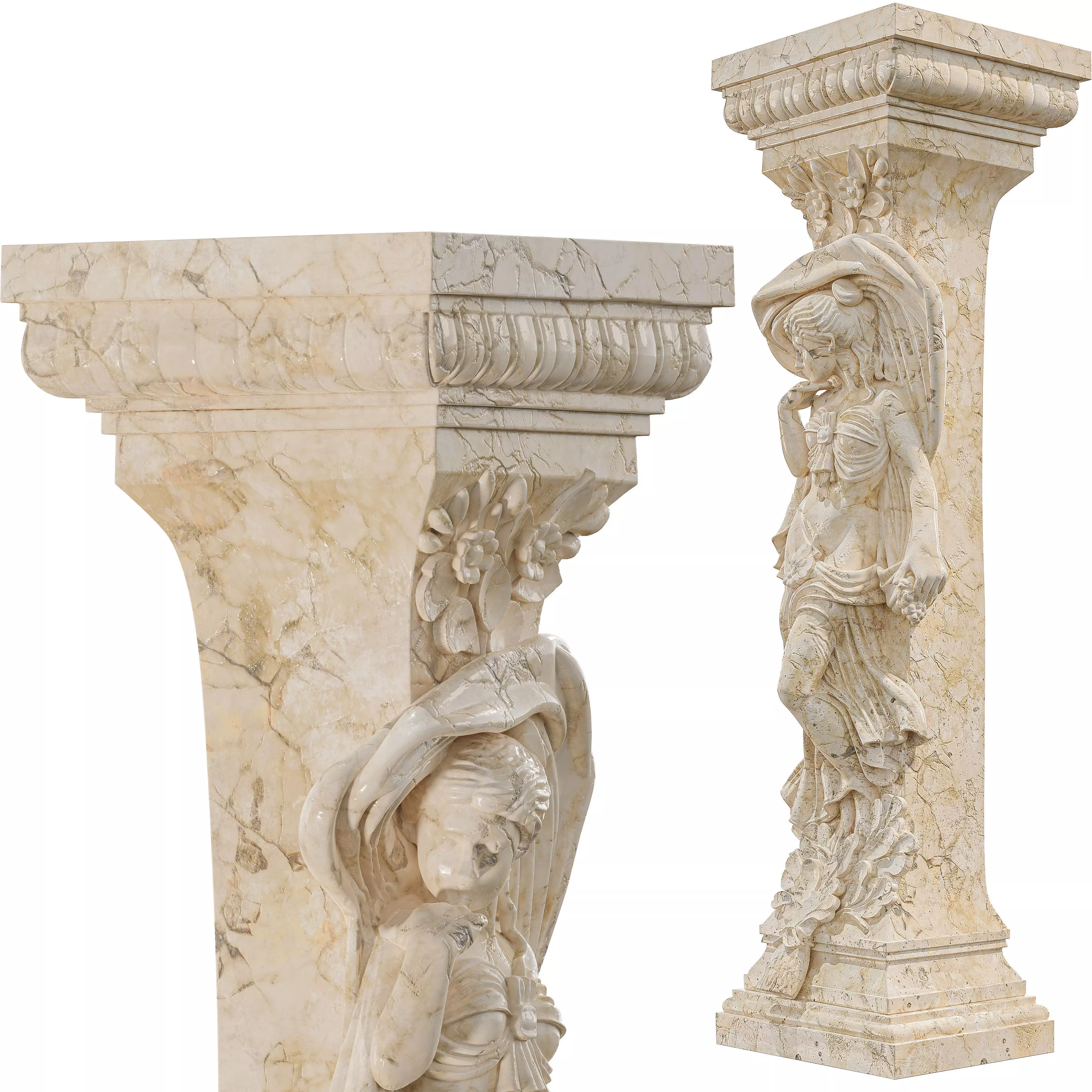 Classical Female Column Sculpture Ornamental Low-poly 3D model_2