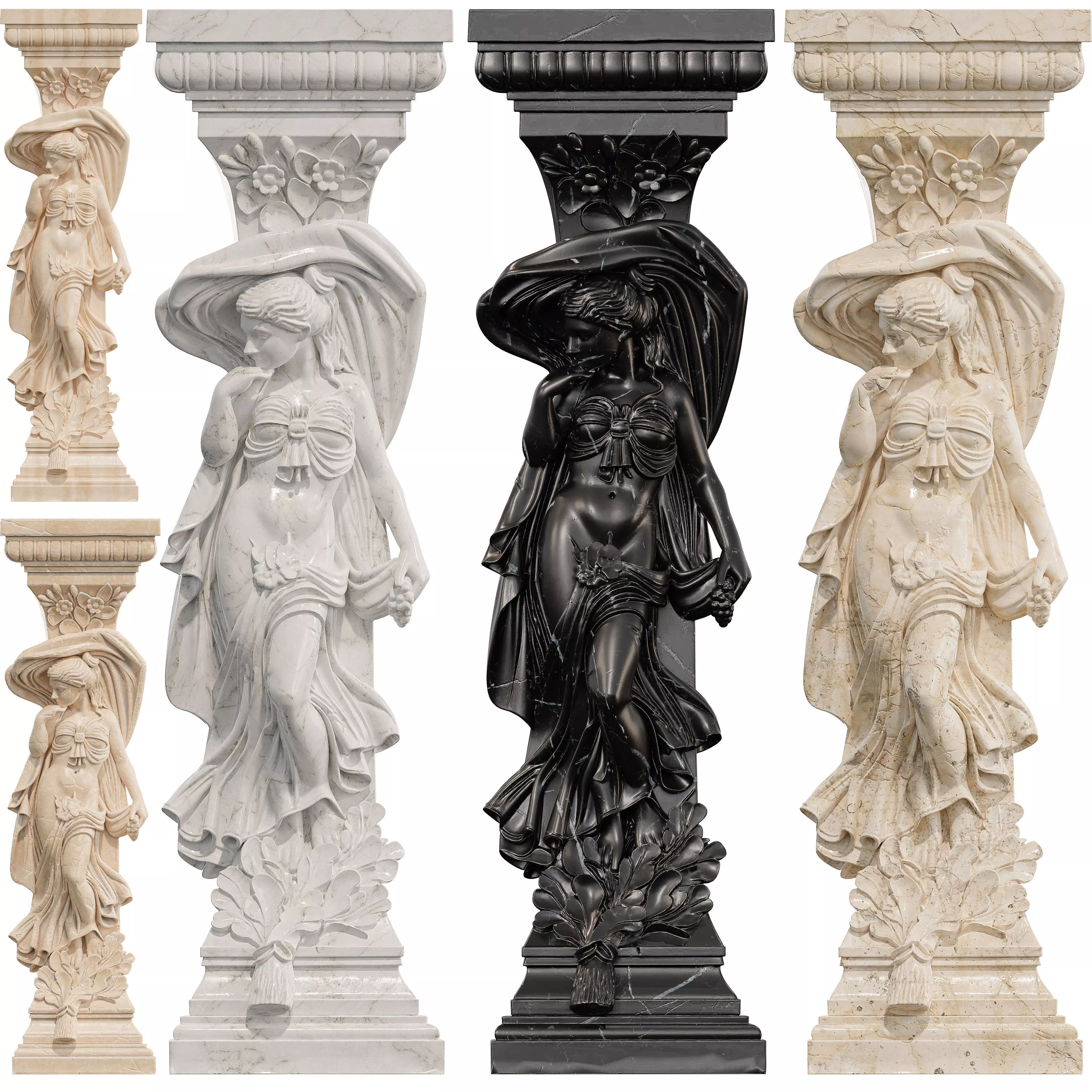 Classical Female Column Sculpture Ornamental Low-poly 3D model_4