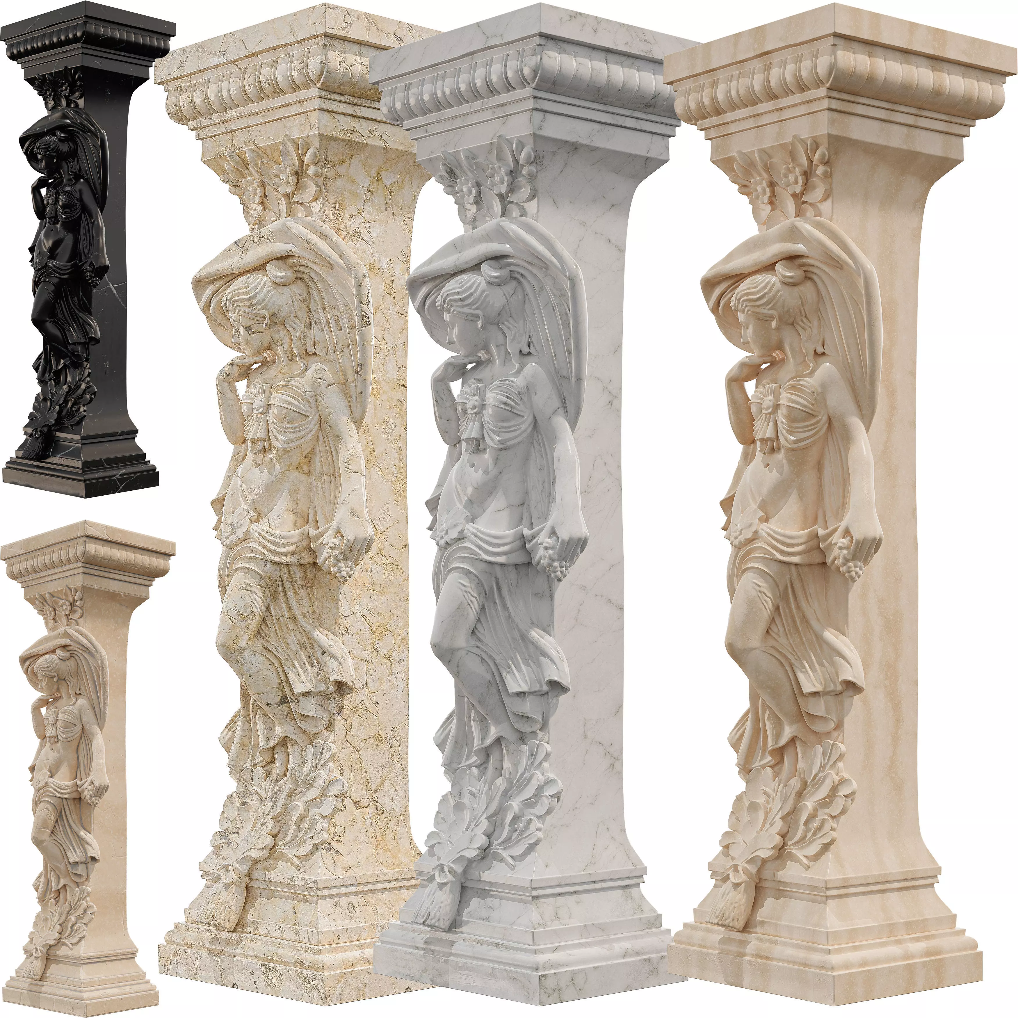 Classical Female Column Sculpture Ornamental Low-poly 3D model_6