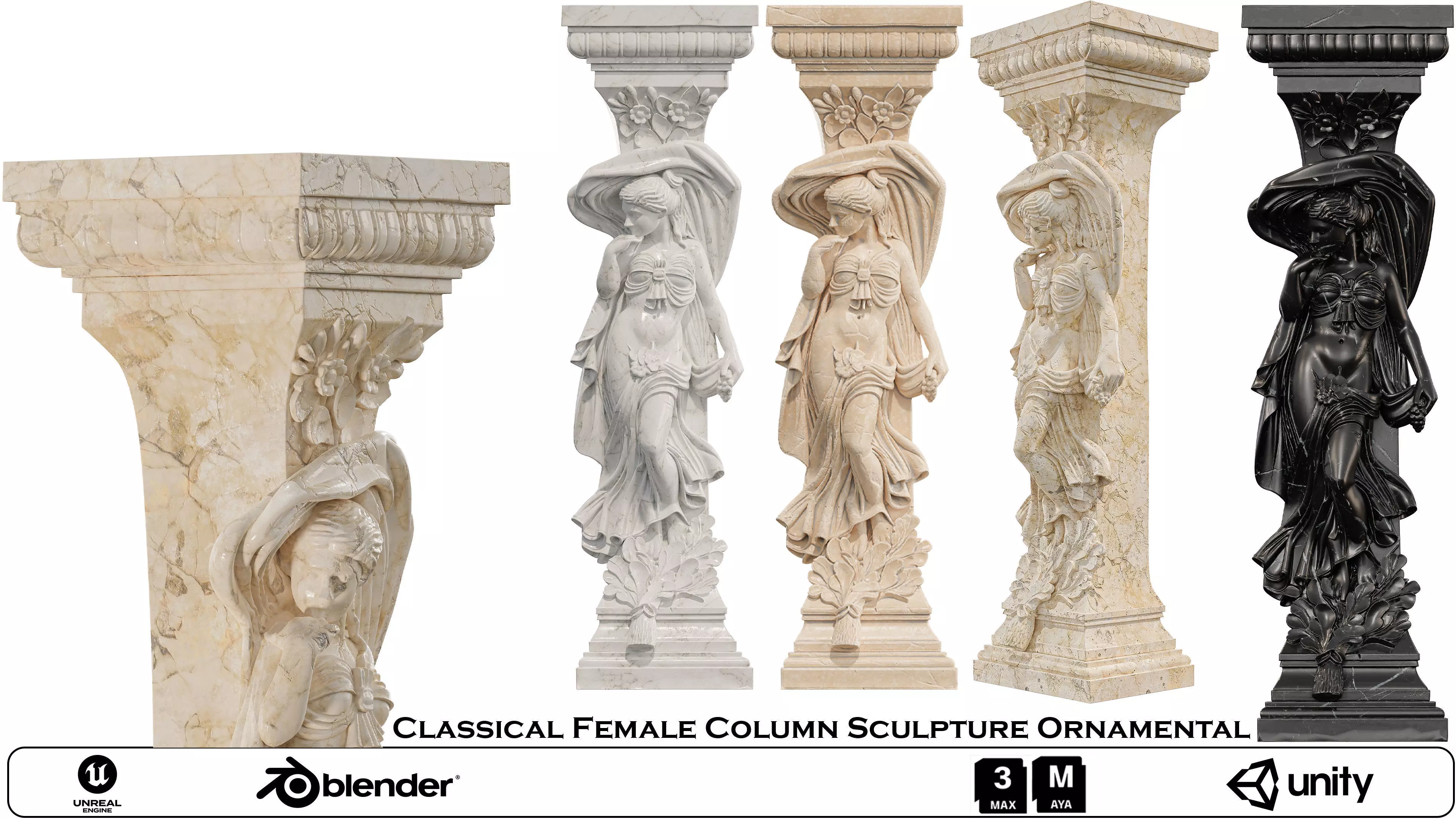 Classical Female Column Sculpture Ornamental Low-poly 3D model_0