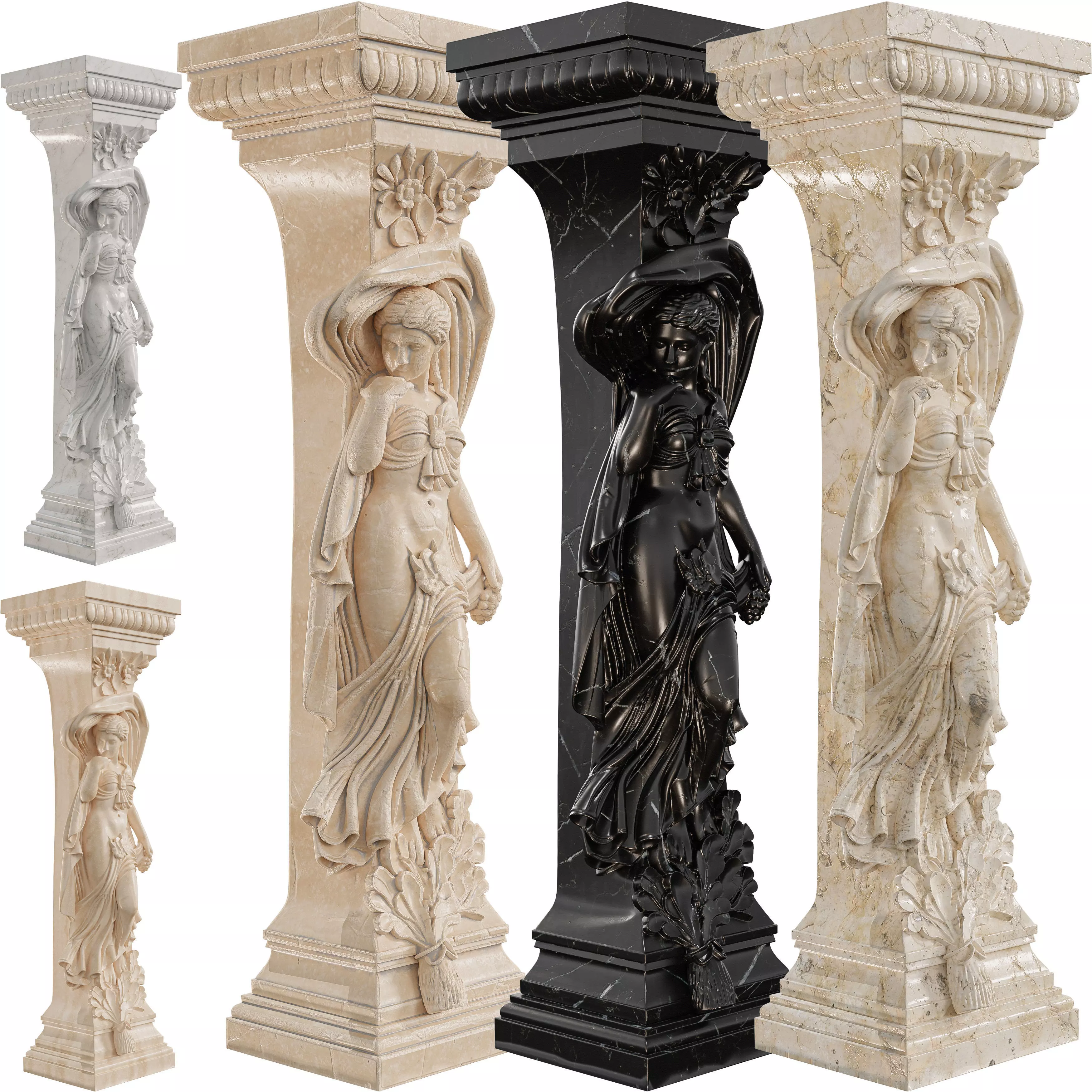 Classical Female Column Sculpture Ornamental Low-poly 3D model_5