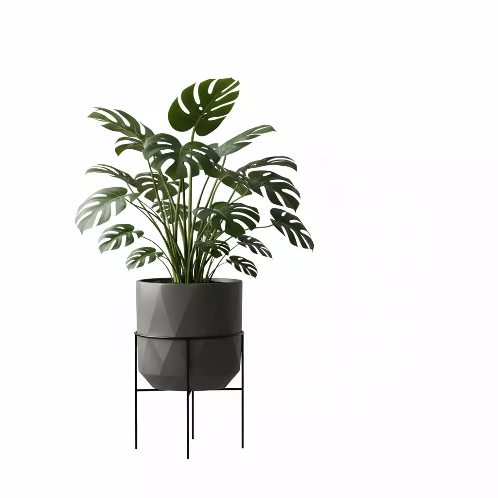 Swiss Cheese Plant with Modern Geometric Planter - Stand 3D model_0