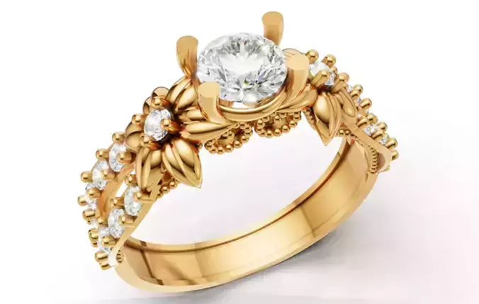 Organic Floral Engagement Ring Open Pave Shank CAD for Print