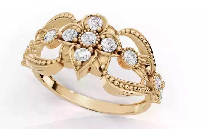 Wide Floral Cluster Ring Art Nouveau Beaded Edges Cad File