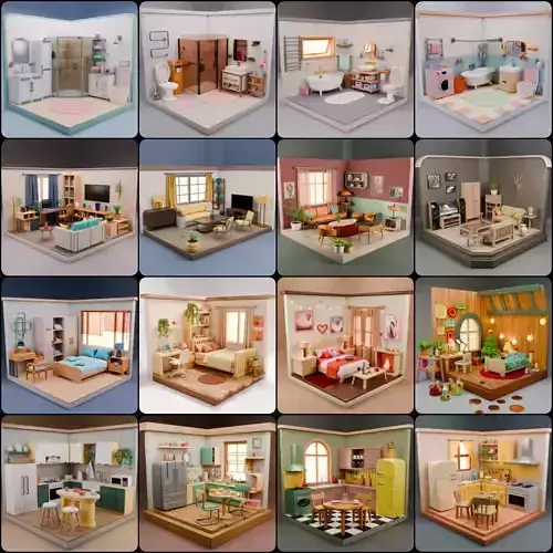 Stylized Isometric Home Rooms Pack 16 Rooms
