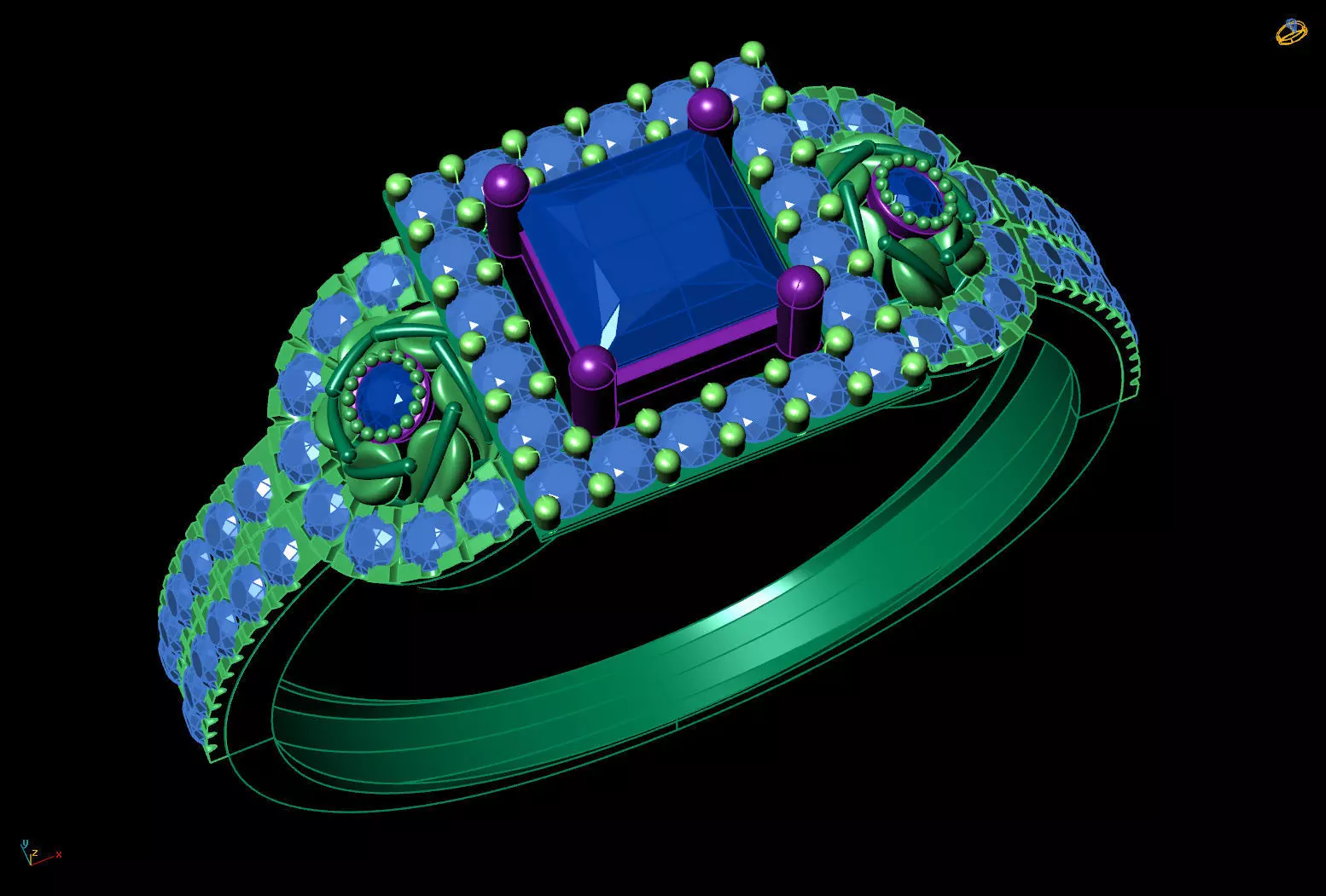 Three-Stone Cluster Ring Princess Halo Pave CAD File 3D print model_13