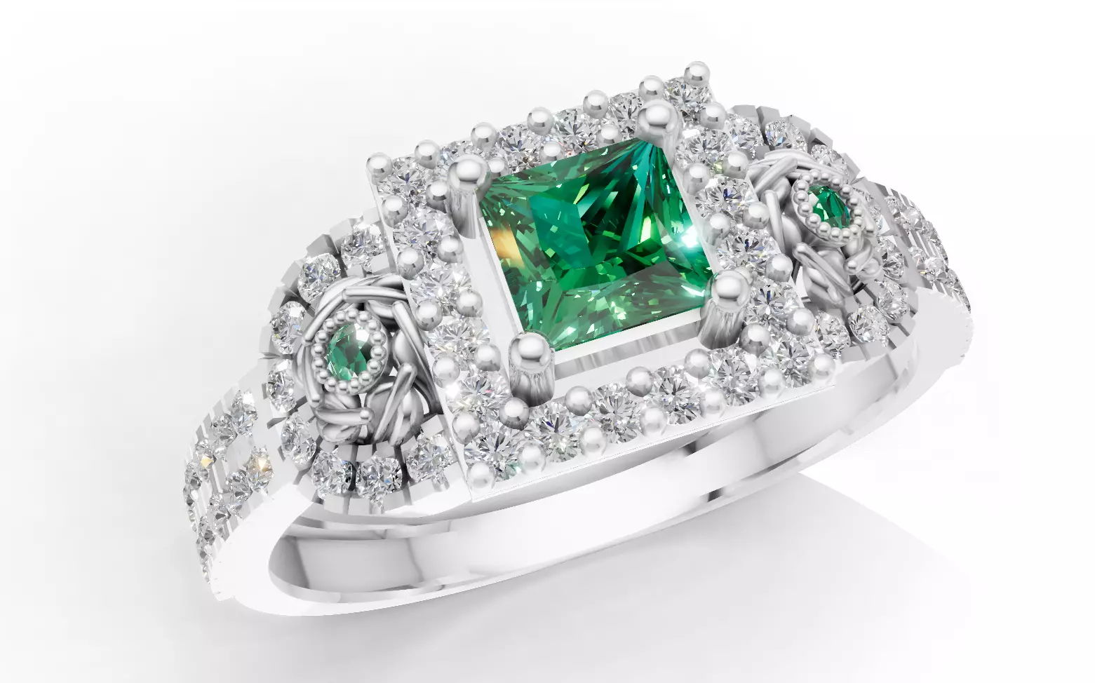 Three-Stone Cluster Ring Princess Halo Pave CAD File 3D print model_6