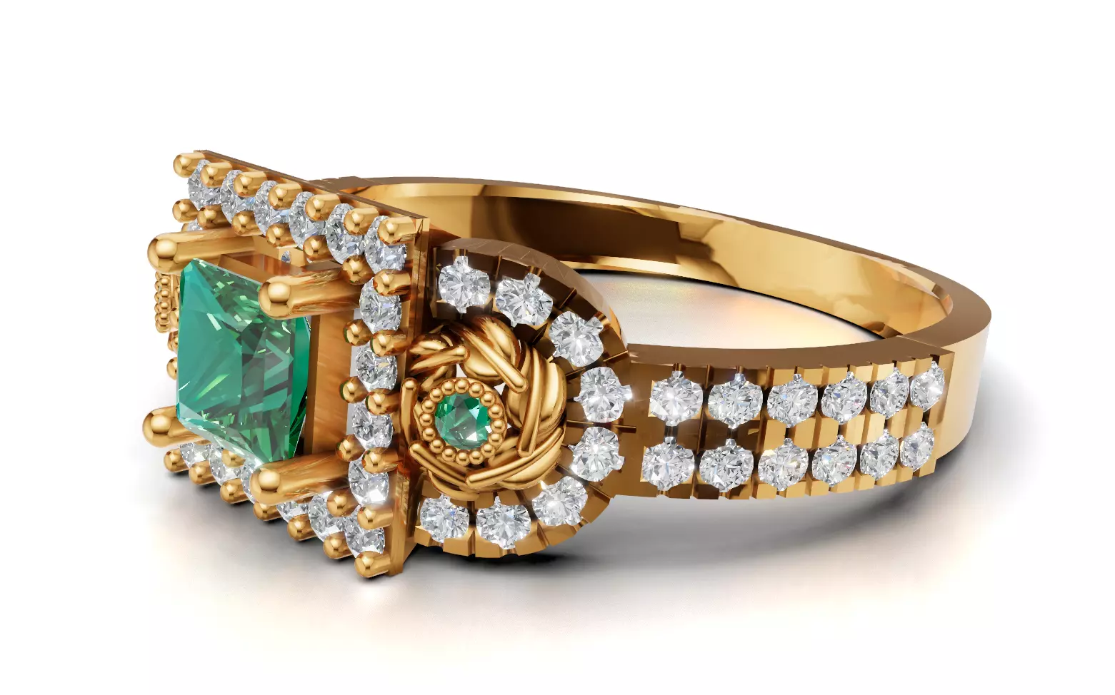 Three-Stone Cluster Ring Princess Halo Pave CAD File 3D print model_1