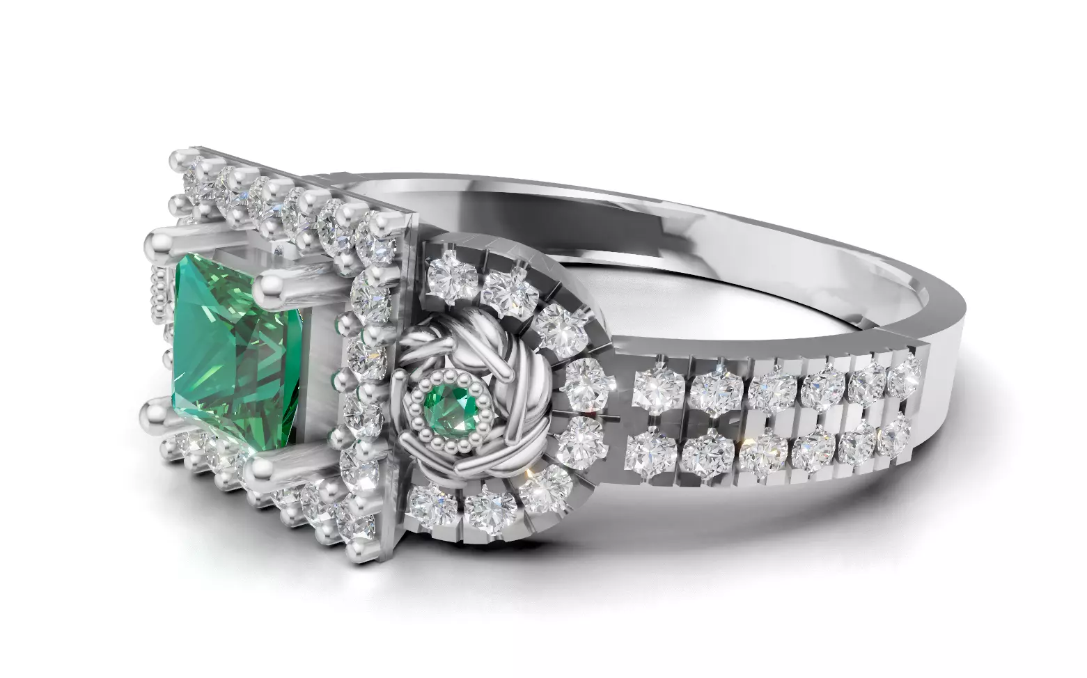 Three-Stone Cluster Ring Princess Halo Pave CAD File 3D print model_7