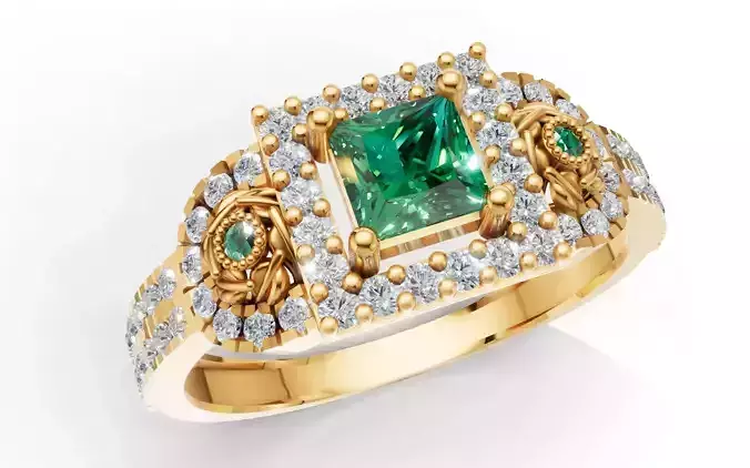 Three-Stone Cluster Ring Princess Halo Pave CAD File