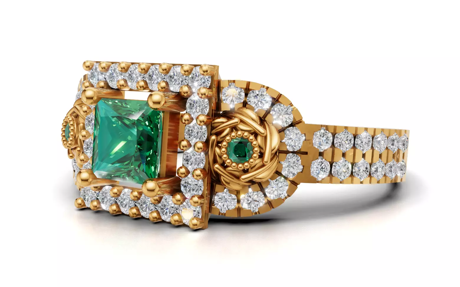 Three-Stone Cluster Ring Princess Halo Pave CAD File 3D print model_2