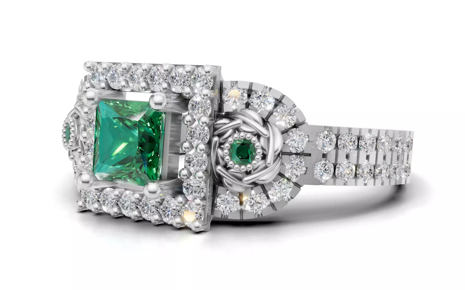 Three-Stone Cluster Ring Princess Halo Pave CAD File 3D print model_8