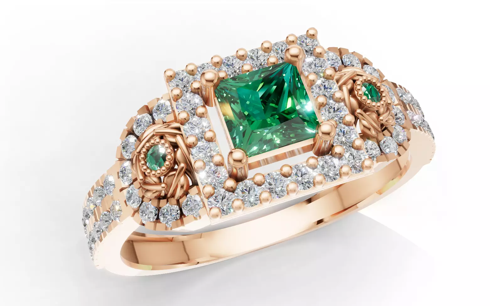 Three-Stone Cluster Ring Princess Halo Pave CAD File 3D print model_3