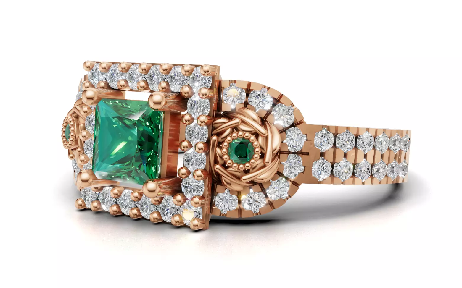 Three-Stone Cluster Ring Princess Halo Pave CAD File 3D print model_5