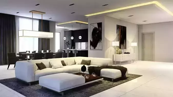 Modern Luxury Living and Dining Interior Rendee