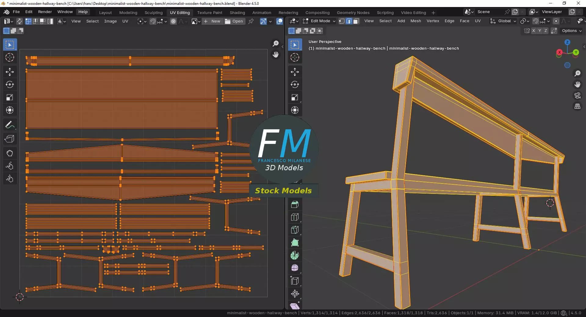 Minimalist wooden hallway bench Low-poly 3D model_10