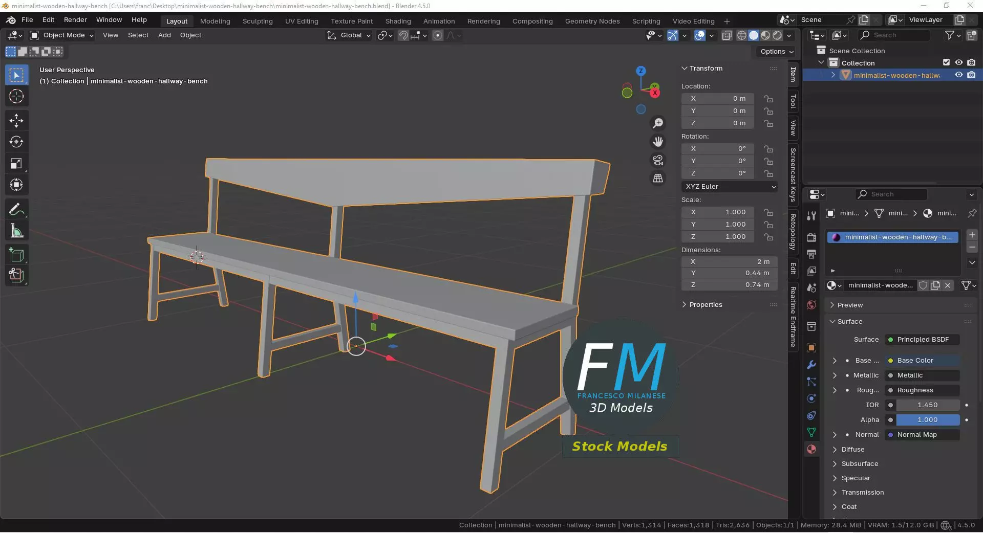 Minimalist wooden hallway bench Low-poly 3D model_9
