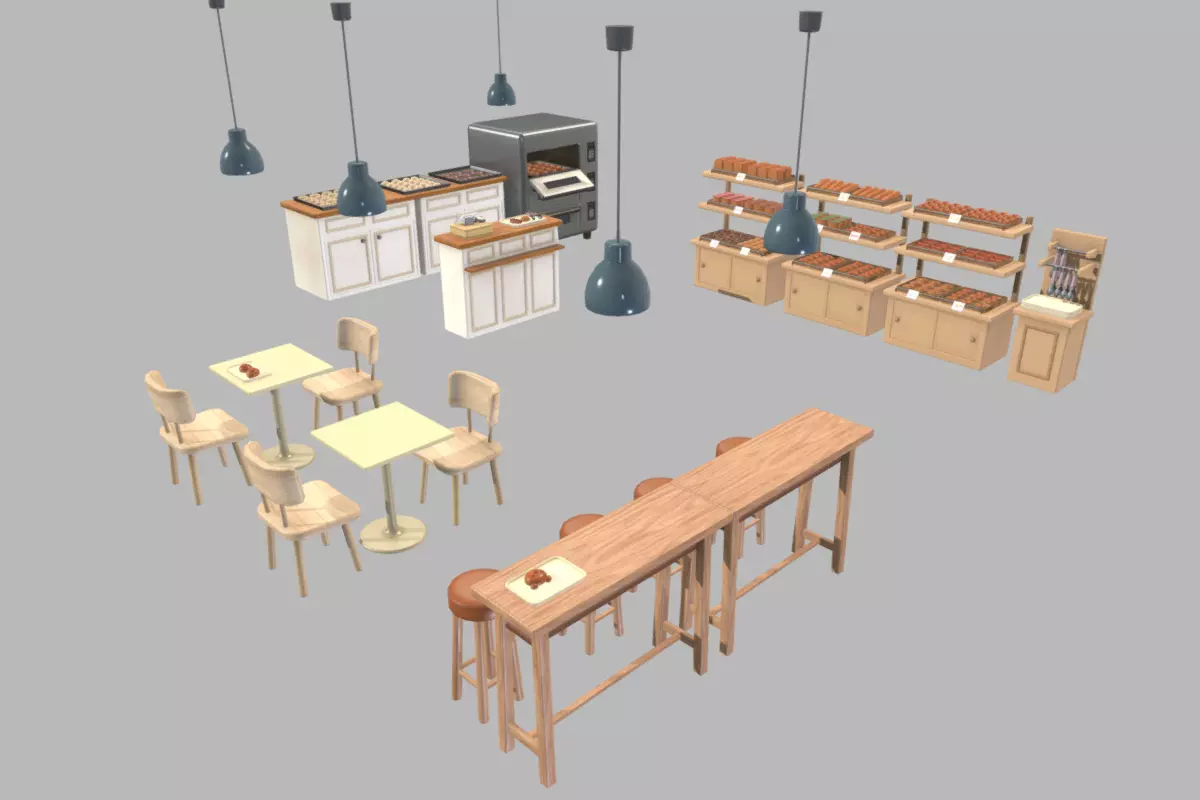 Cute Japanese Bakery Set Low-poly 3D model_0