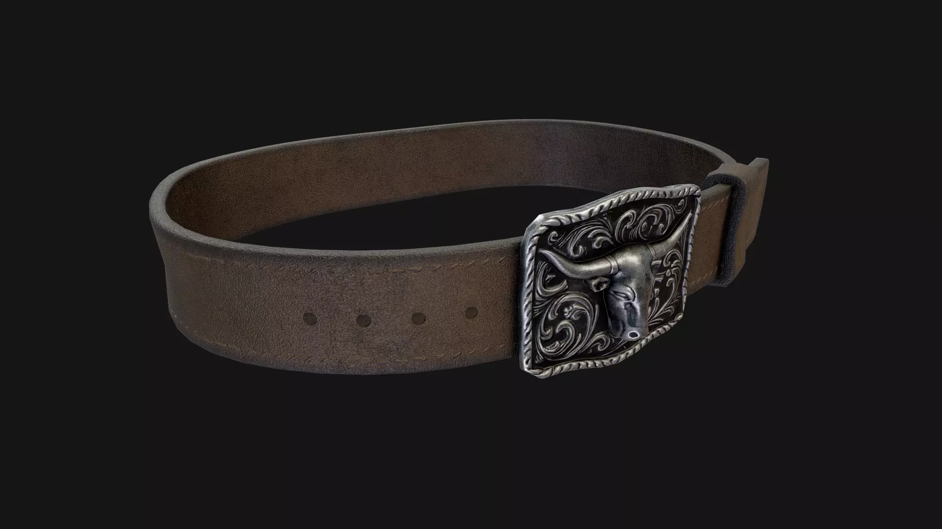 Western Leather Belt with Longhorn Buckle Game-Ready 3D Model Low-poly 3D model_1