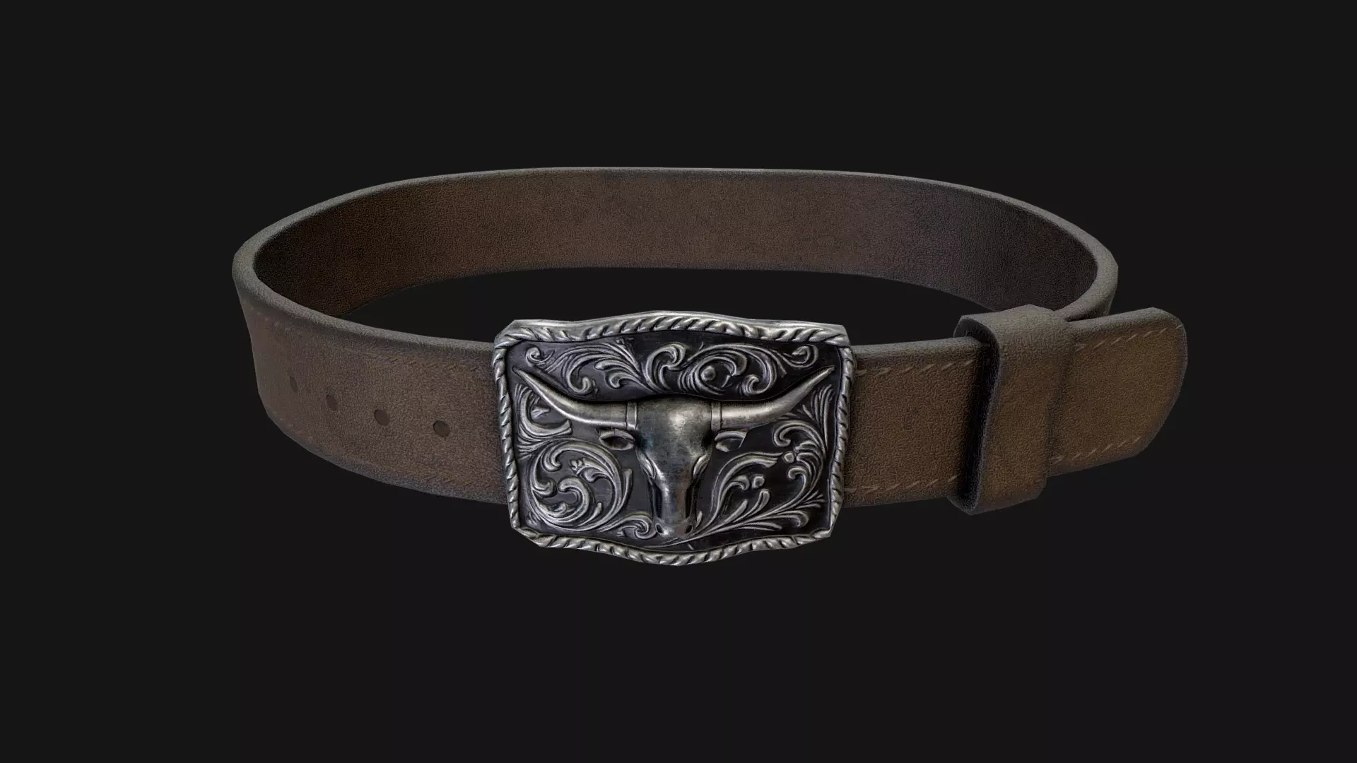 Western Leather Belt with Longhorn Buckle Game-Ready 3D Model Low-poly 3D model_0
