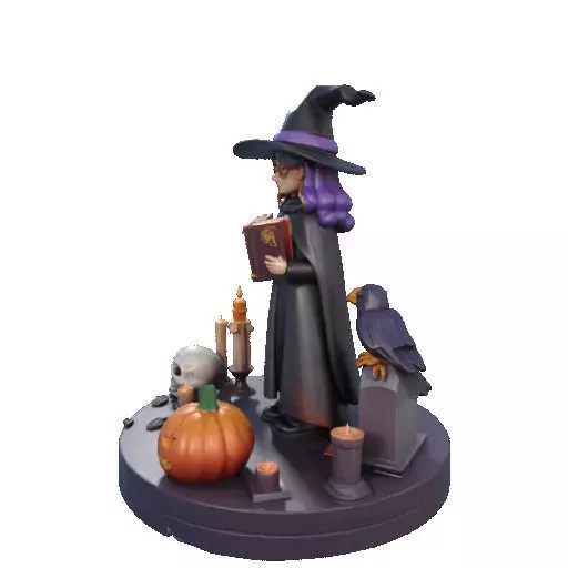2834 Witch with Spell book Skull Raven and Pumpkin 3D print model_34