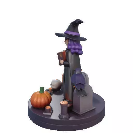 2834 Witch with Spell book Skull Raven and Pumpkin 3D print model_32