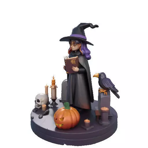 2834 Witch with Spell book Skull Raven and Pumpkin 3D print model_36