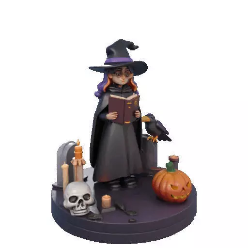2834 Witch with Spell book Skull Raven and Pumpkin 3D print model_12