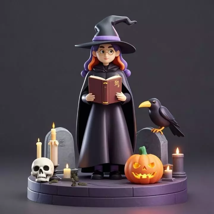 2834 Witch with Spell book Skull Raven and Pumpkin 3D print model_0