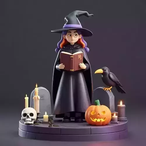 2834 Witch with Spell book  Skull  Raven and Pumpkin 