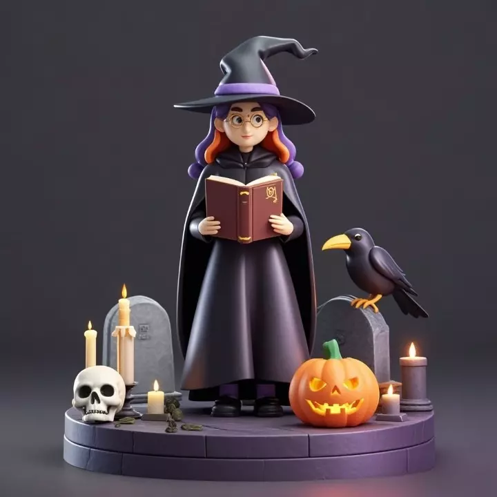 2834 Witch with Spell book Skull Raven and Pumpkin 3D print model_4