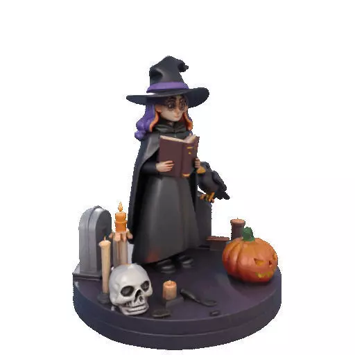 2834 Witch with Spell book Skull Raven and Pumpkin 3D print model_13