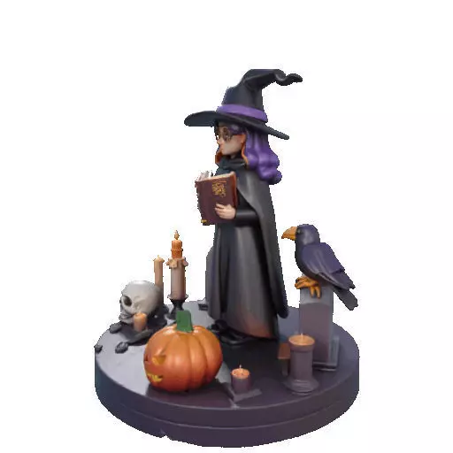2834 Witch with Spell book Skull Raven and Pumpkin 3D print model_35