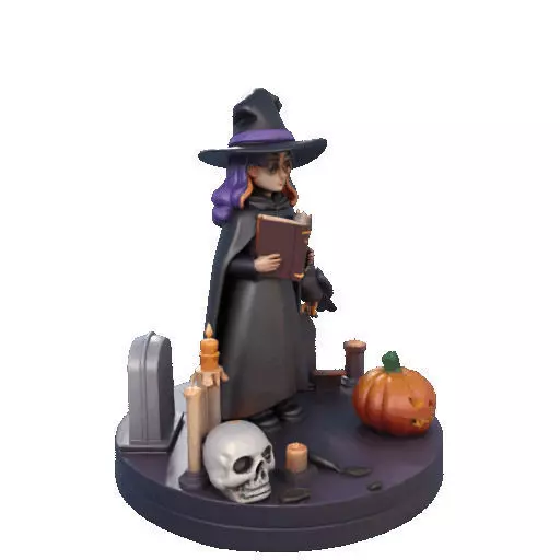2834 Witch with Spell book Skull Raven and Pumpkin 3D print model_14