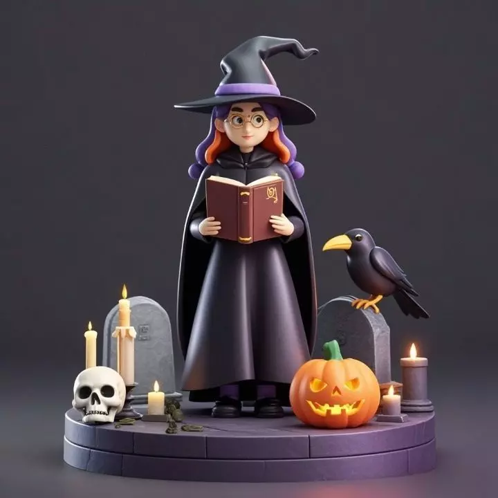 2834 Witch with Spell book Skull Raven and Pumpkin 3D print model_3