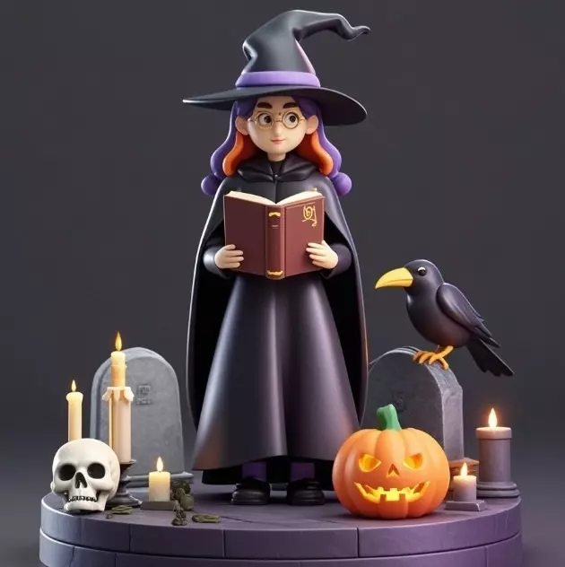 2834 Witch with Spell book Skull Raven and Pumpkin 3D print model_7