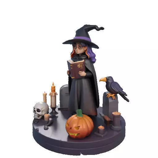 2834 Witch with Spell book Skull Raven and Pumpkin 3D print model_37