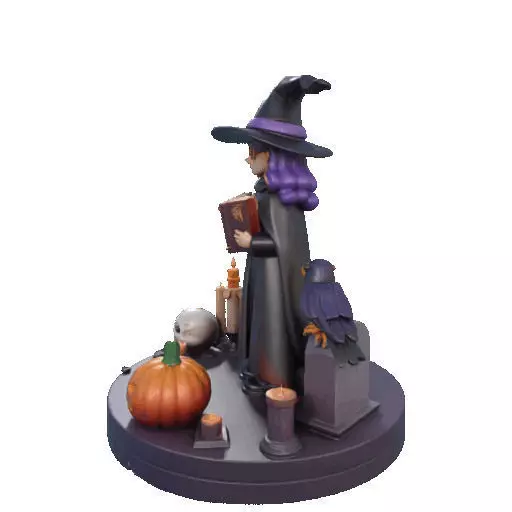 2834 Witch with Spell book Skull Raven and Pumpkin 3D print model_33