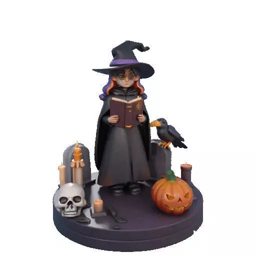 2834 Witch with Spell book Skull Raven and Pumpkin 3D print model_11