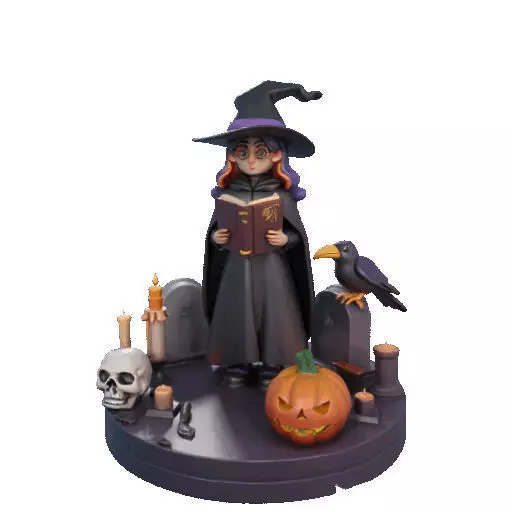 2834 Witch with Spell book Skull Raven and Pumpkin 3D print model_39