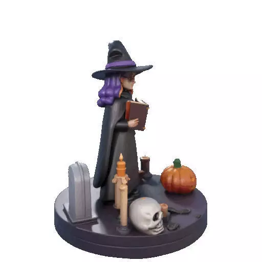 2834 Witch with Spell book Skull Raven and Pumpkin 3D print model_16