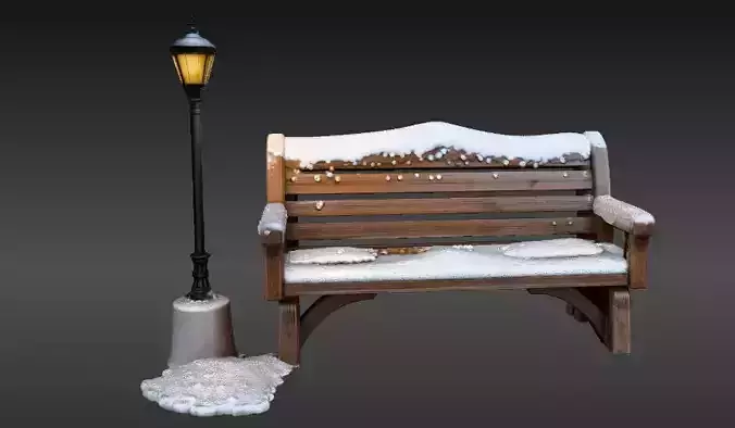 Winter Street Bench with Lantern 3D Scene  Model Holiday Scene 