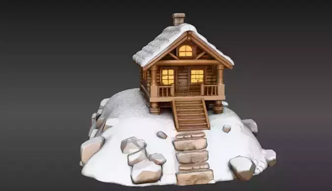 Winter Cabin on Snow Hill 3D Scene Model Cozy Christmas 