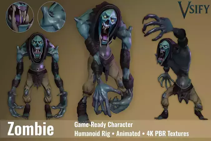 Animated Zombie Creature Game-Ready Stylized 4K PBR Humanoid Rig