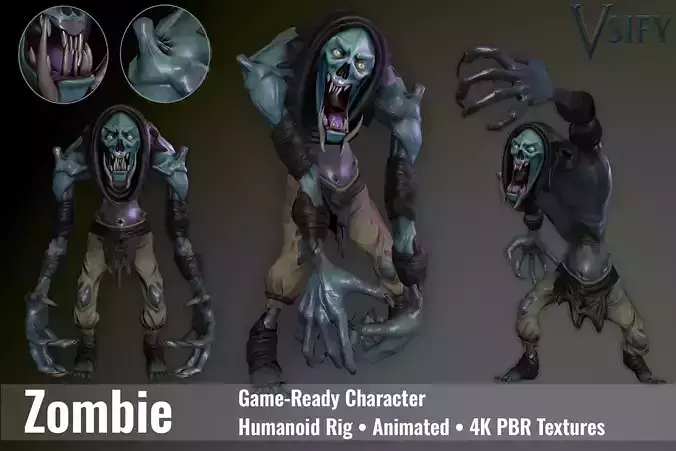 Animated Zombie Creature Game-Ready Stylized 4K PBR Humanoid Rig