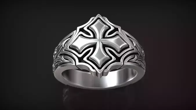 Medieval Cross Ring with Ornamental Baroque Pattern