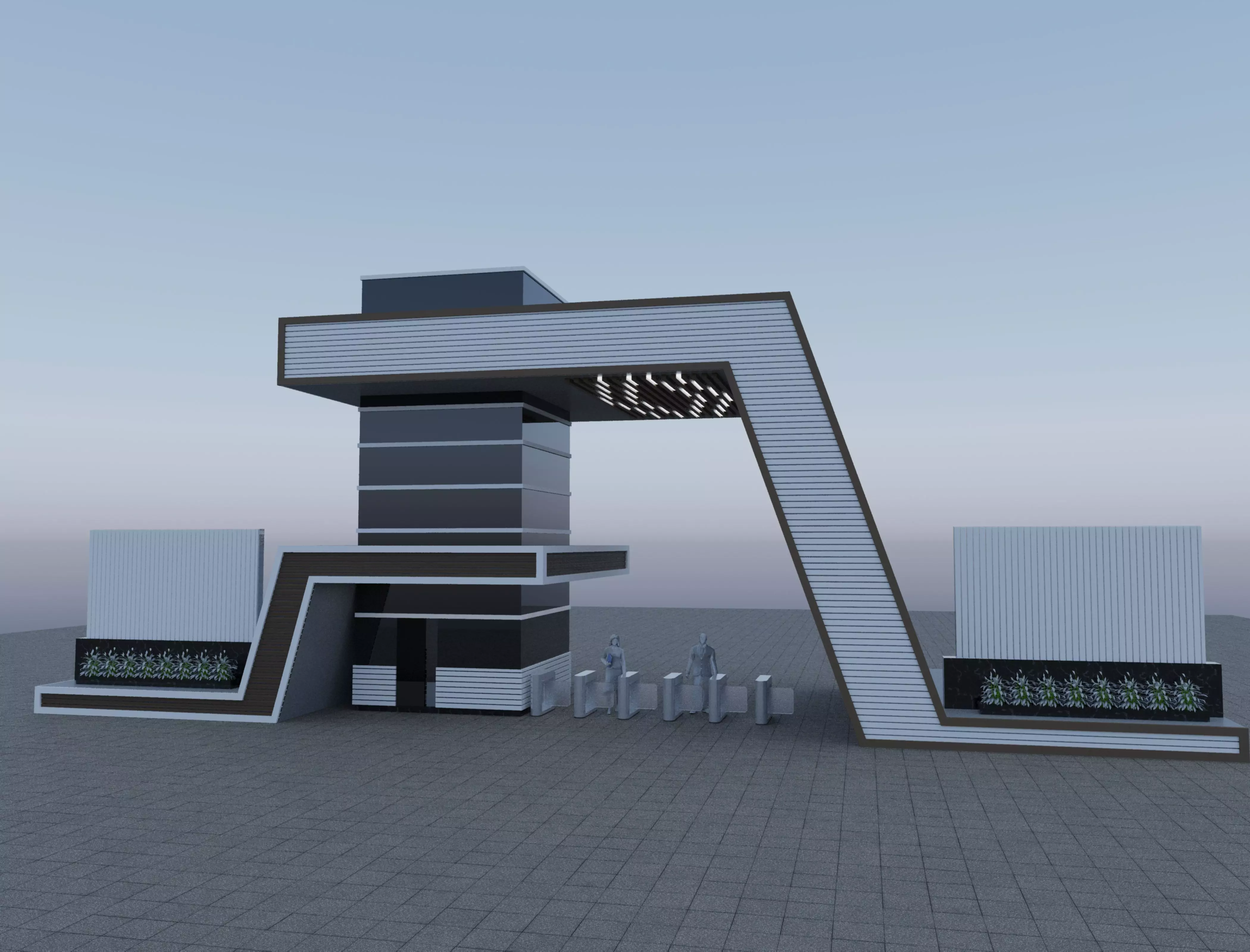 Modern Architectural Entrance Portal with Access Control Low-poly 3D model