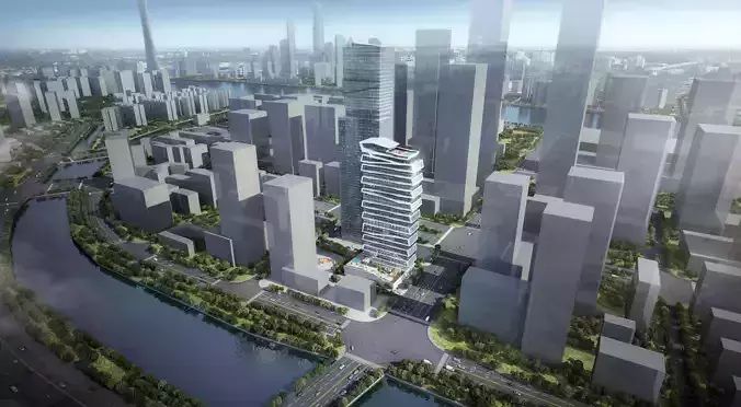 Modern Riverside Business District Cityscape with Central Tower
